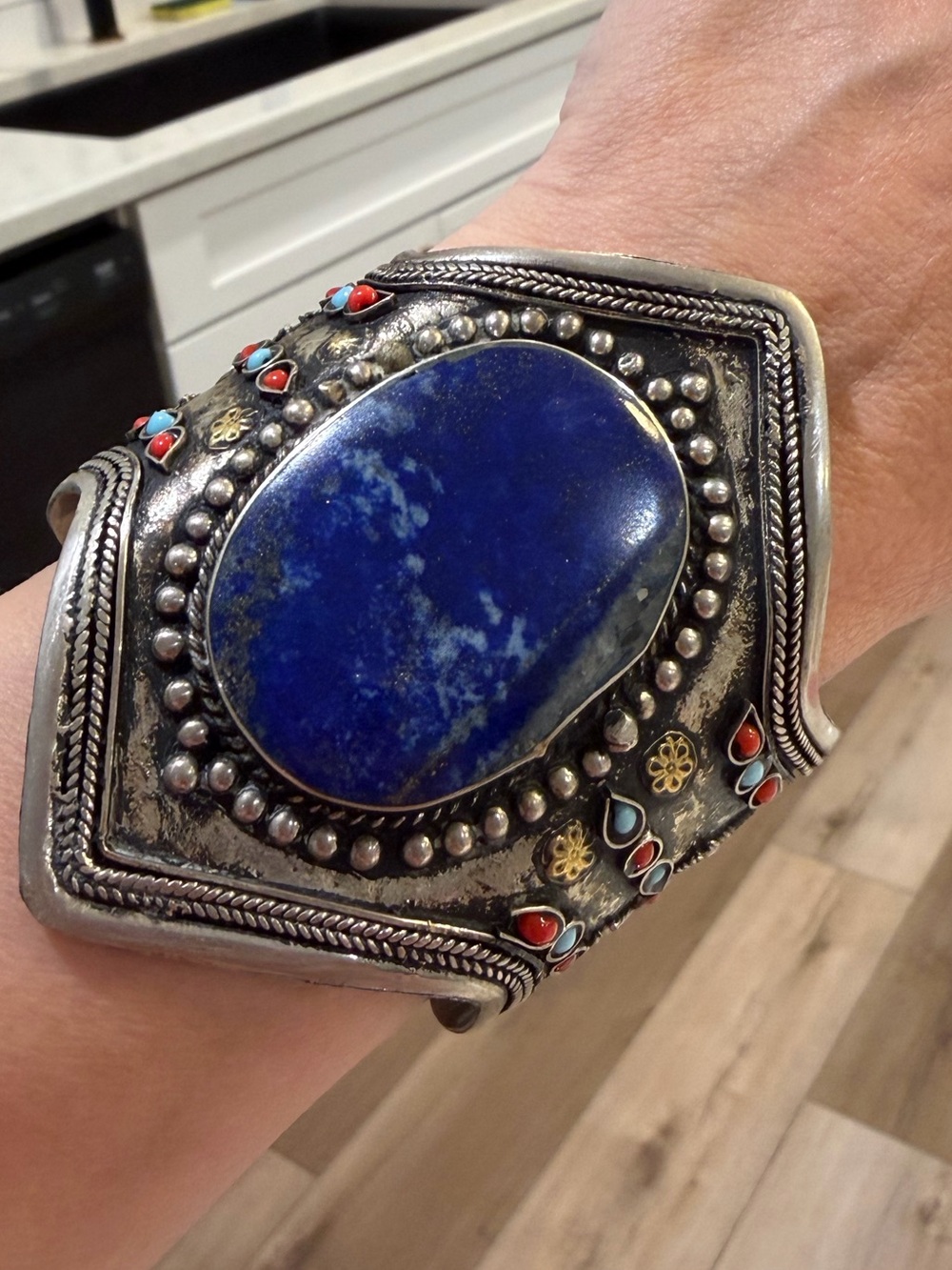 Vintage Afghan Kuchi Tribal Cuff Bracelet - Huge Natural Lapis Lazuli Stone